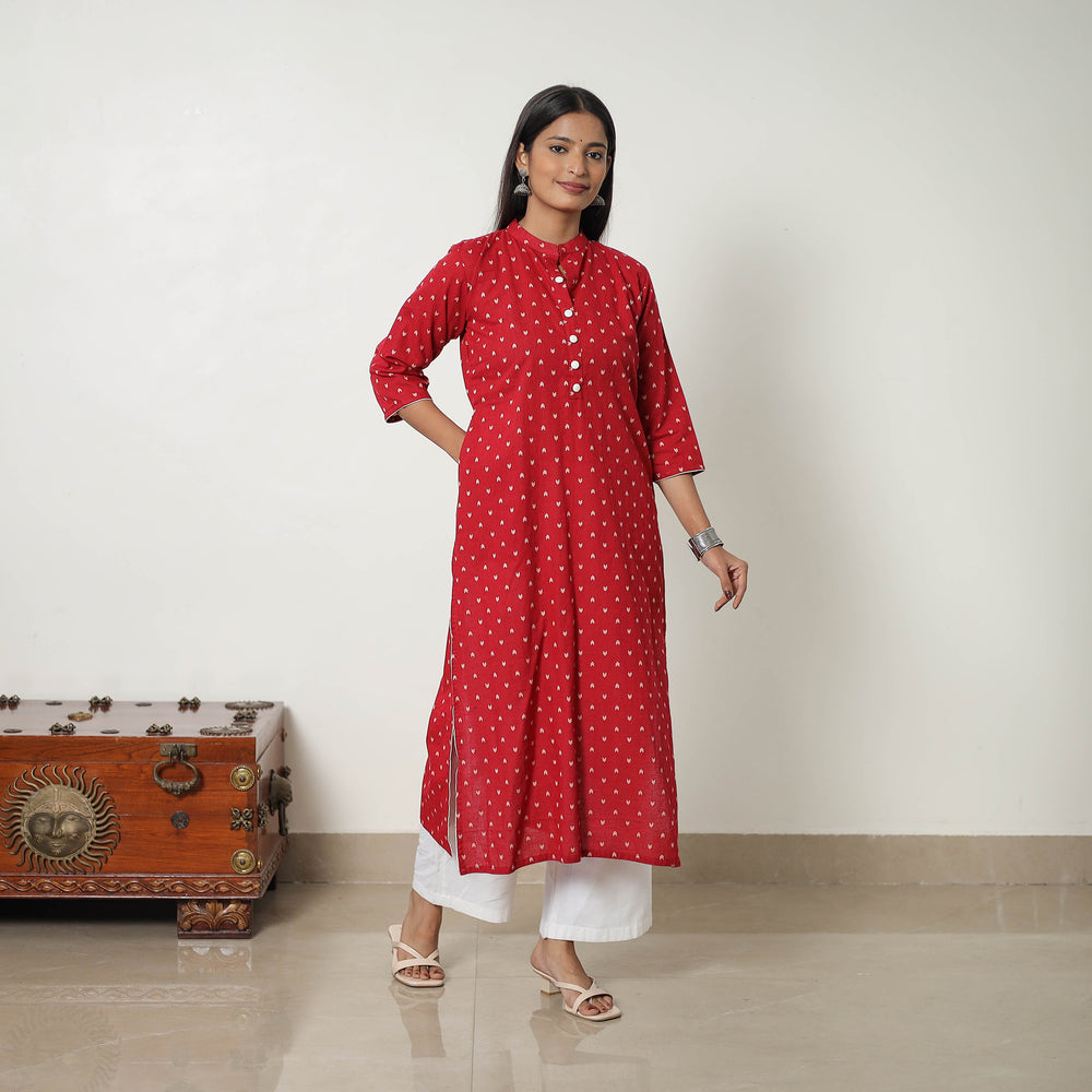 Red - Pure Cotton A-Line Jacquard Kurta 02