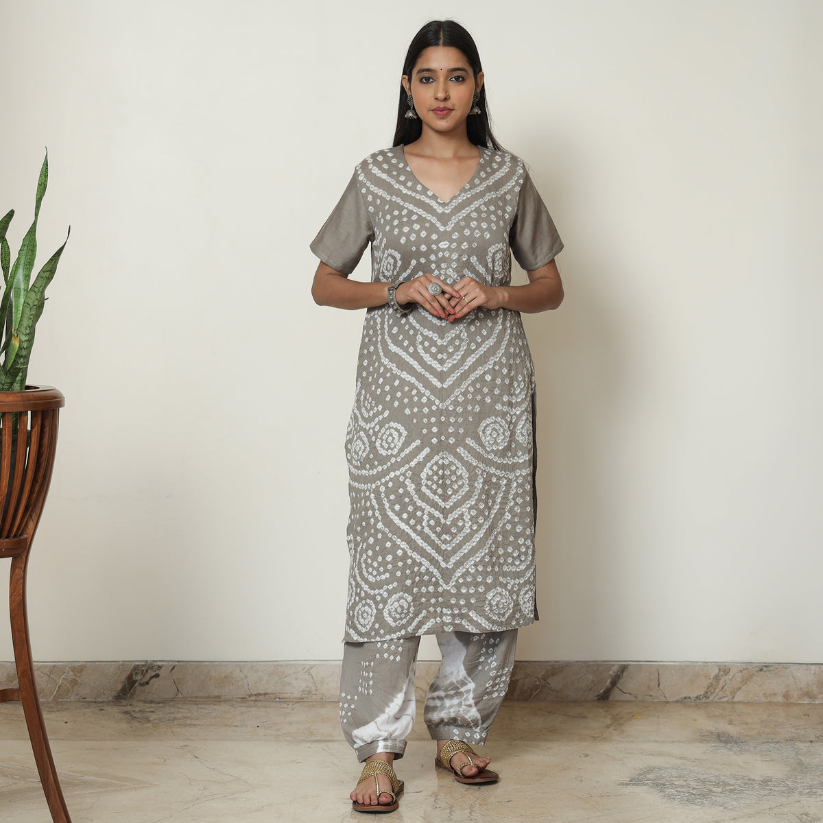 Grey - Bandhani Tie-Dye Cotton Kurta with Afghani Salwar & Dupatta Set 02
