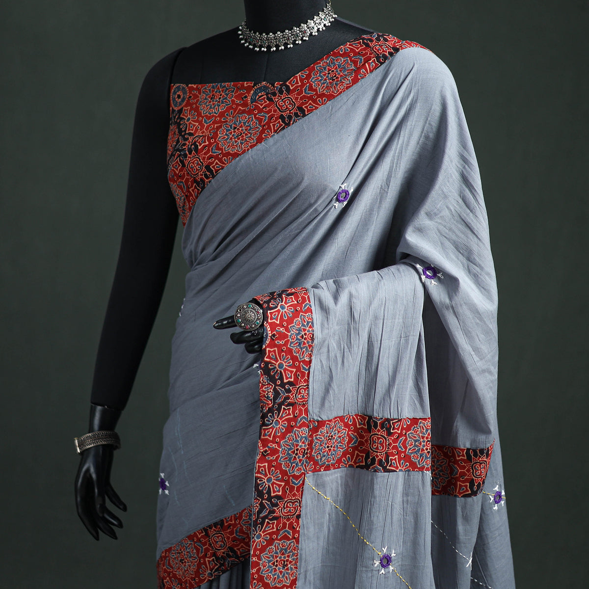 Tagai & Mirror Embroidered Ajrakh Patchwork Pure Mul Cotton Saree with Blouse Piece 12