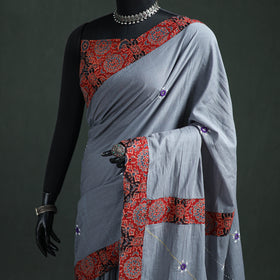 Tagai & Mirror Embroidered Ajrakh Patchwork Pure Mul Cotton Saree with Blouse Piece 12