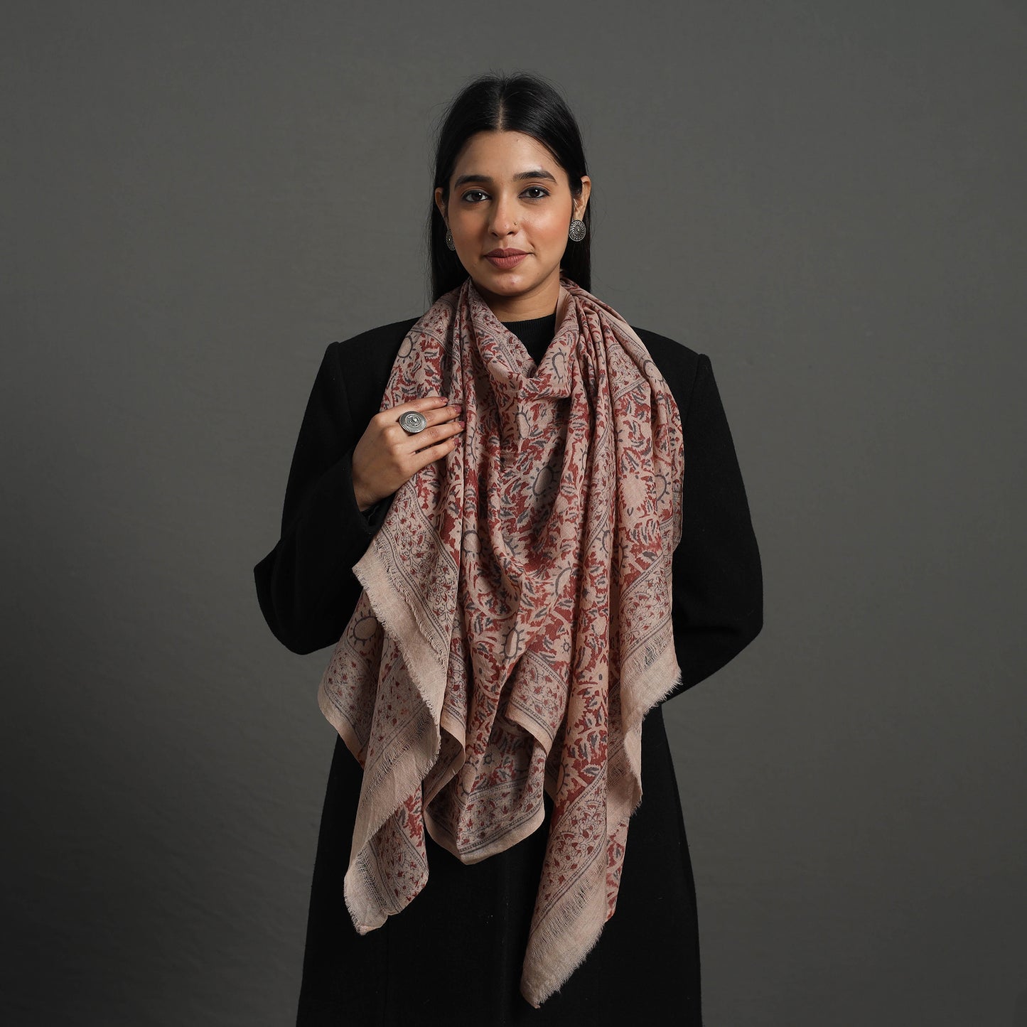 Red - pedana kalamkari wool stole 34 - handcrafted