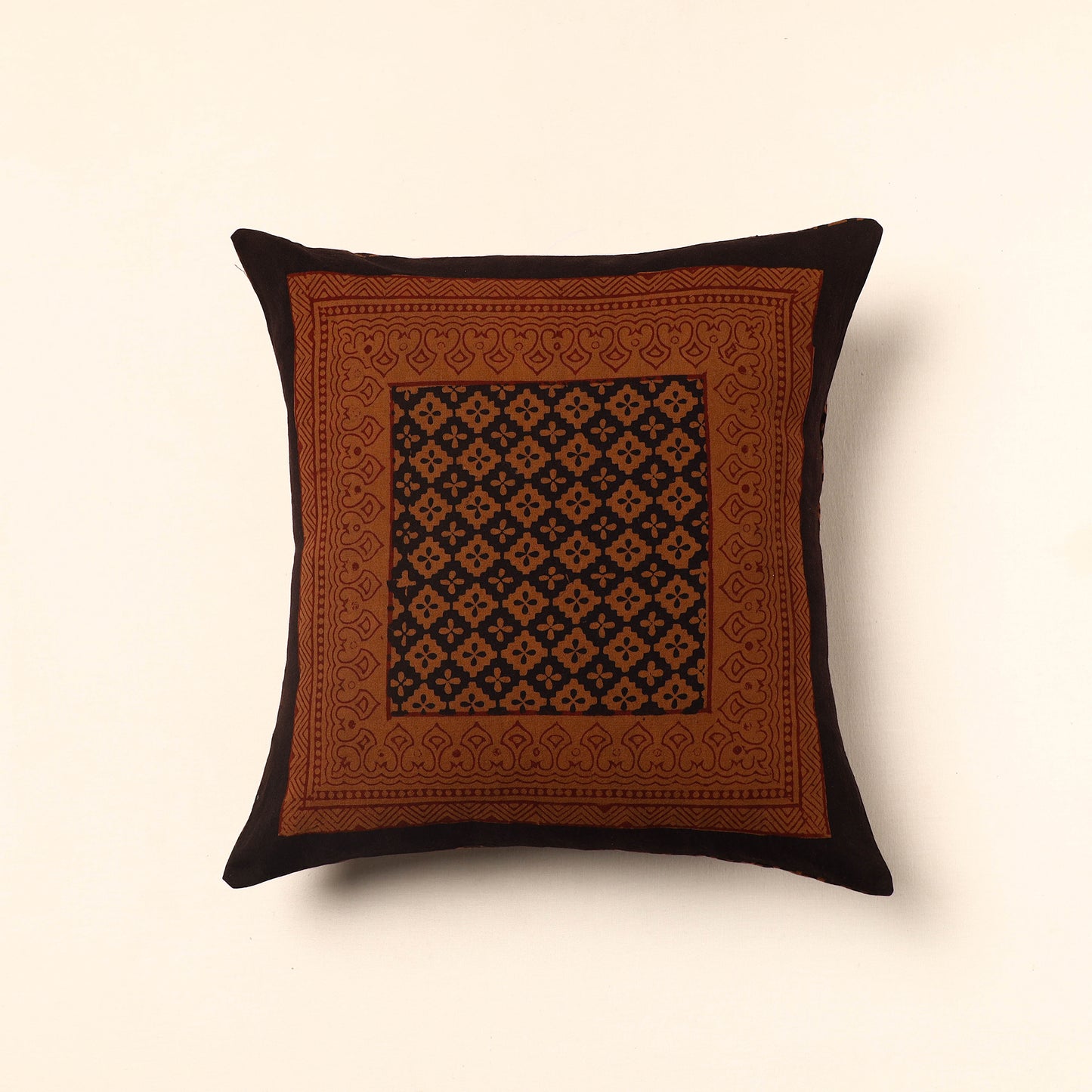 Brown - Bagh Block Printed Cotton Cushion Cover (16 x 16 in) 15