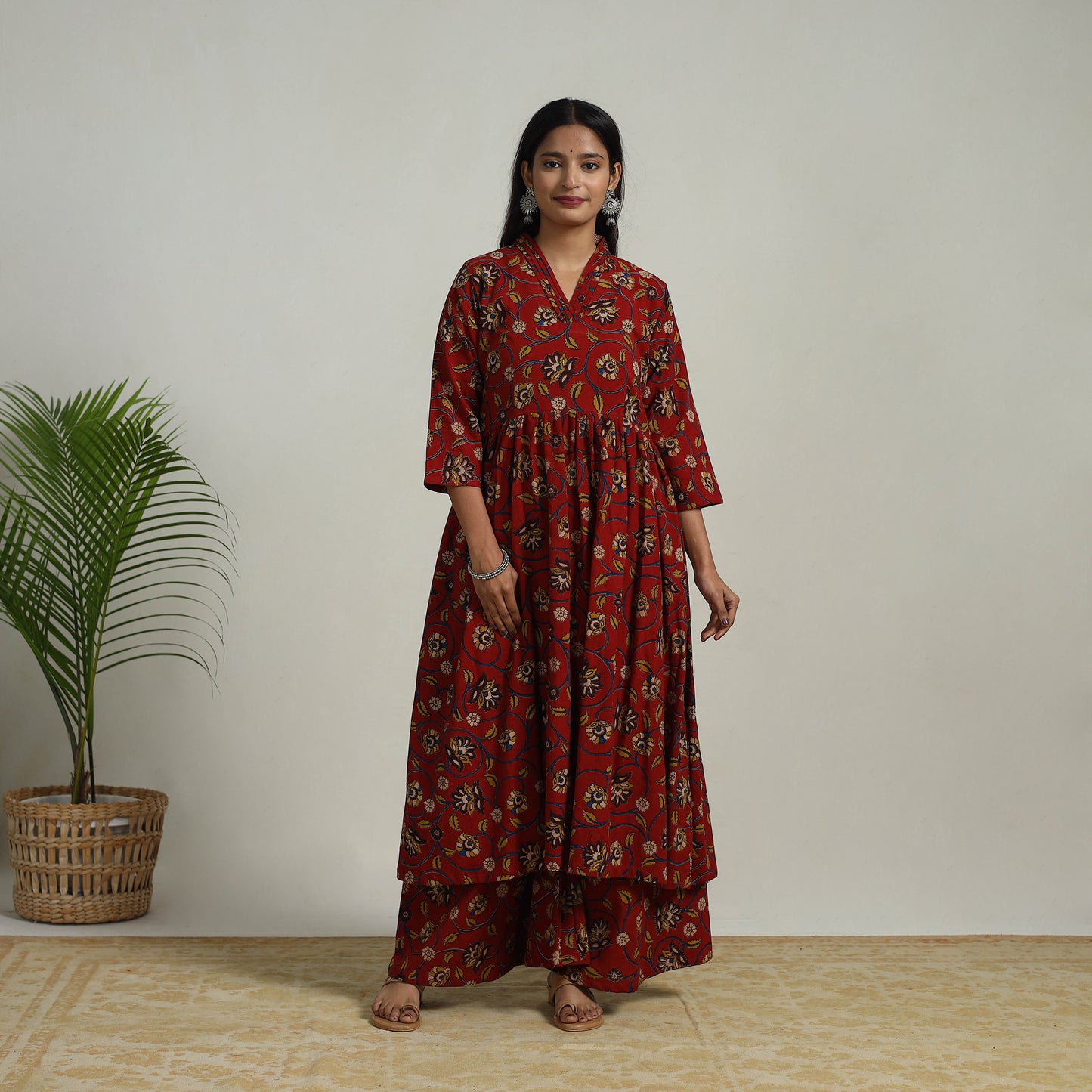 Red - Flared Cotton Block Print Kalamkari Kurta Set 09