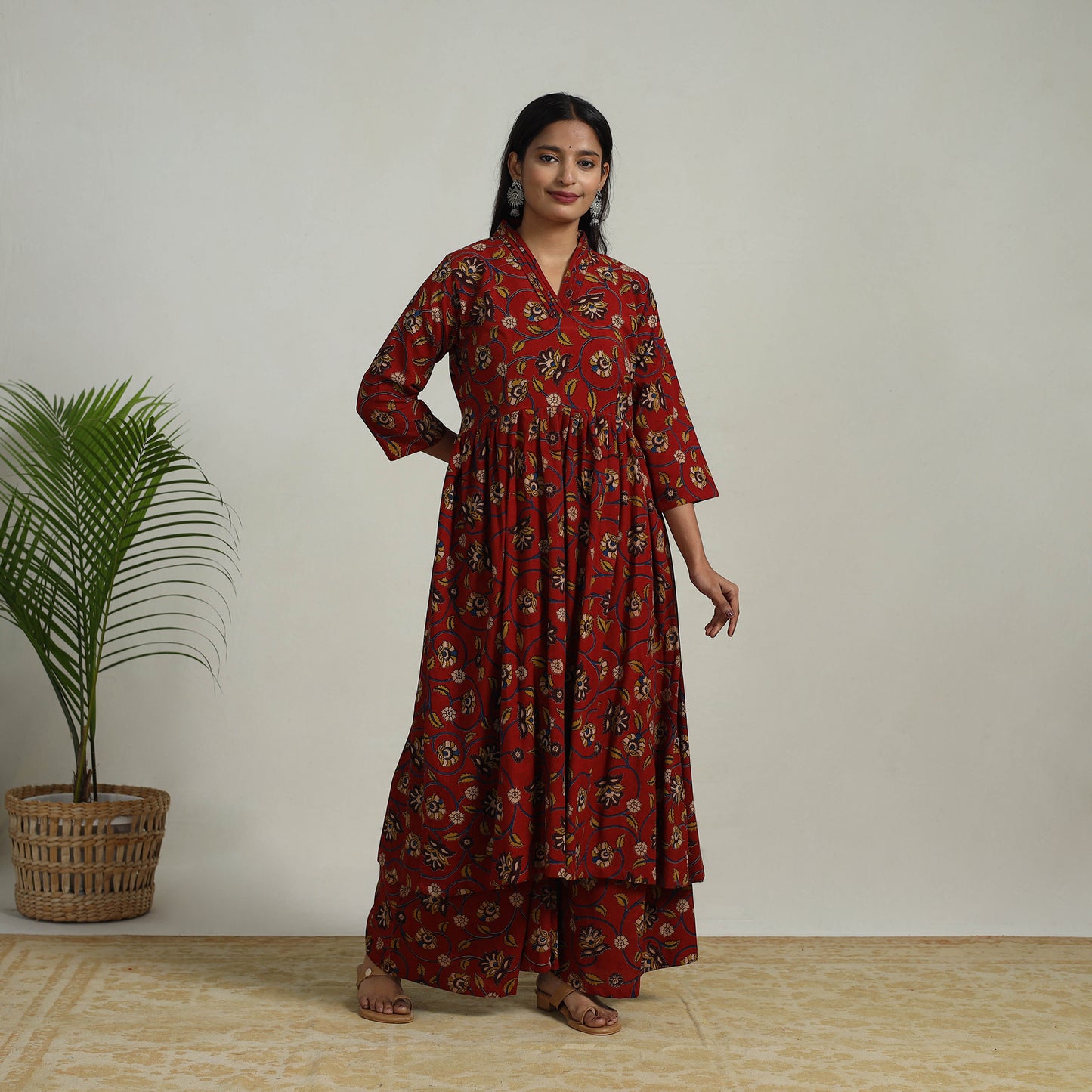 Red - Flared Cotton Block Print Kalamkari Kurta Set 09