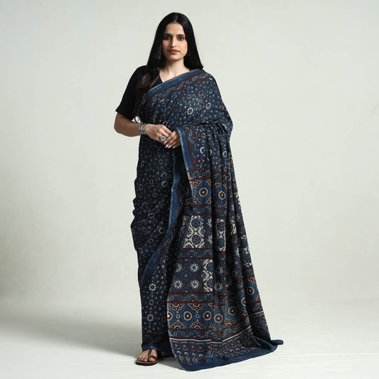 Blue - Ajrakh Block Printed Cotton Saree