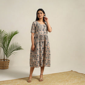 Beige - Pedana Block Print Cotton Flared Kalamkari Dress 10