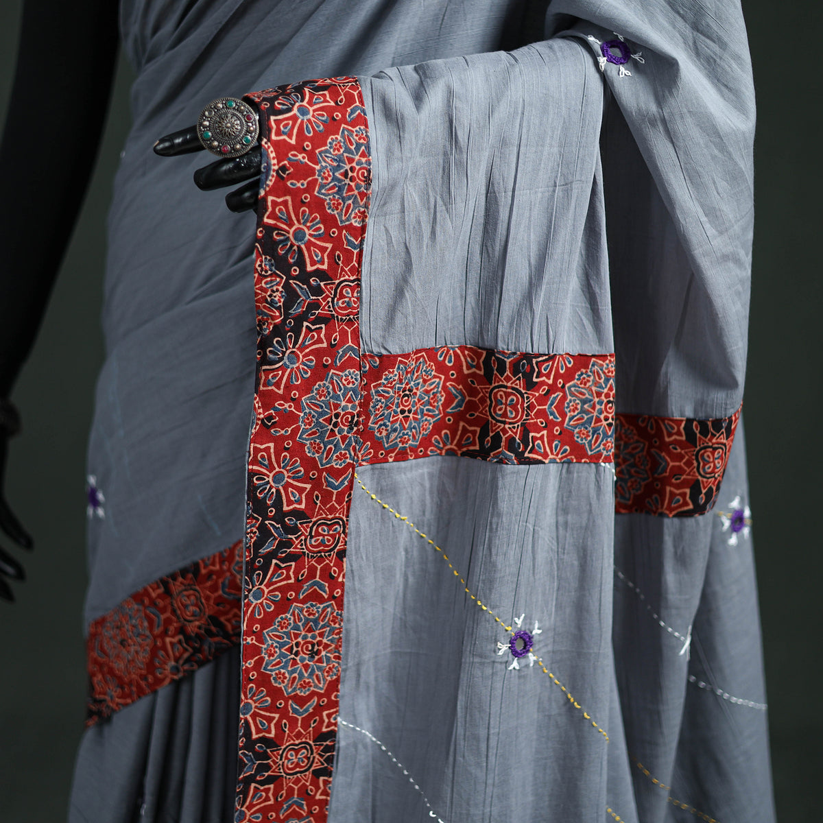Tagai & Mirror Embroidered Ajrakh Patchwork Pure Mul Cotton Saree with Blouse Piece 12