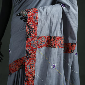 Tagai & Mirror Embroidered Ajrakh Patchwork Pure Mul Cotton Saree with Blouse Piece 12