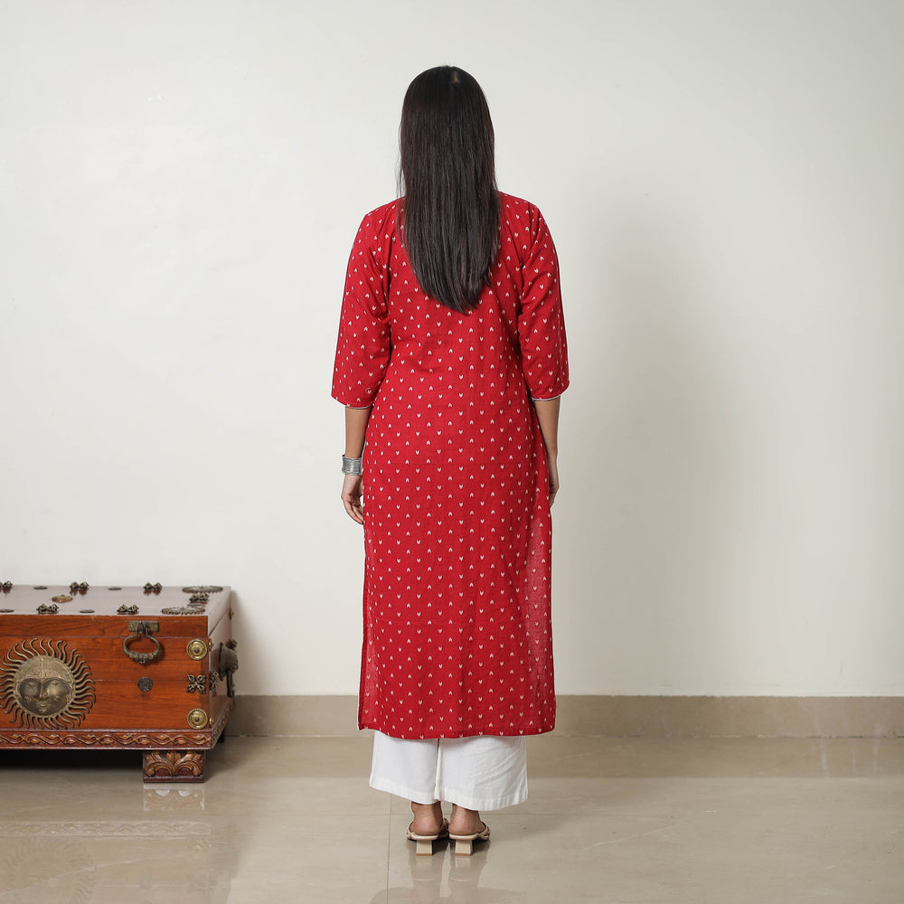 Red - Pure Cotton A-Line Jacquard Kurta 02