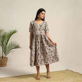 Beige - Pedana Block Print Cotton Flared Kalamkari Dress 10