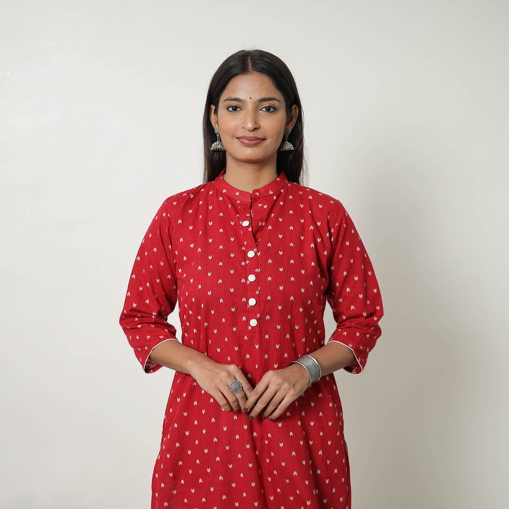 Red - Pure Cotton A-Line Jacquard Kurta 02