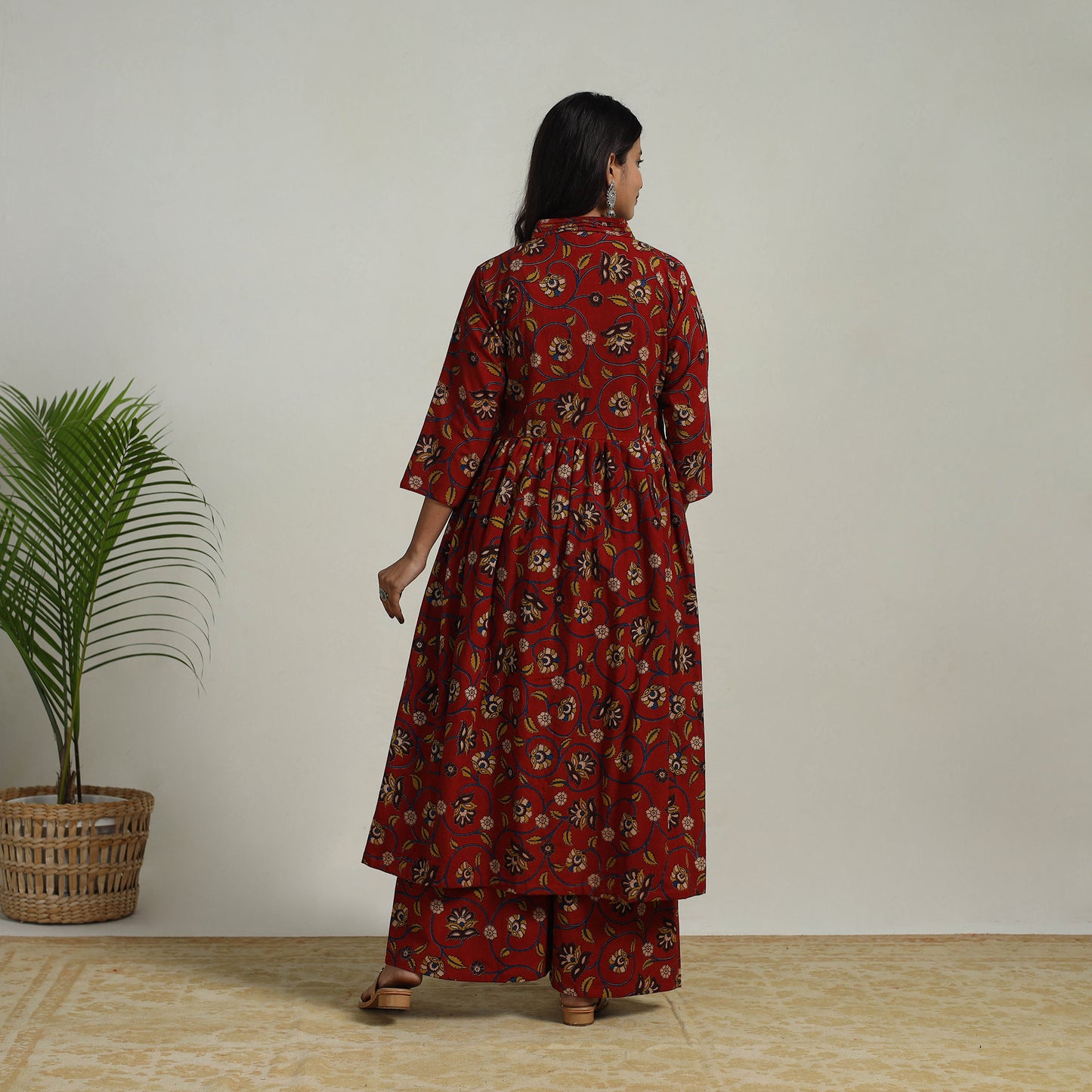 Red - Flared Cotton Block Print Kalamkari Kurta Set 09