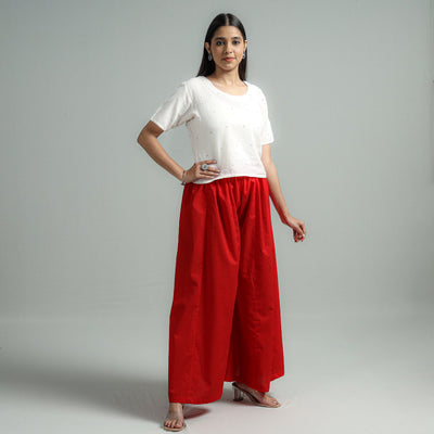 Red - Plain Dyed Cotton Flared Palazzo