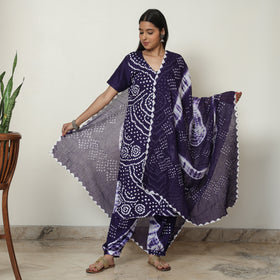 Blue - Bandhani Tie-Dye Cotton Kurta with Afghani Salwar & Dupatta Set 03