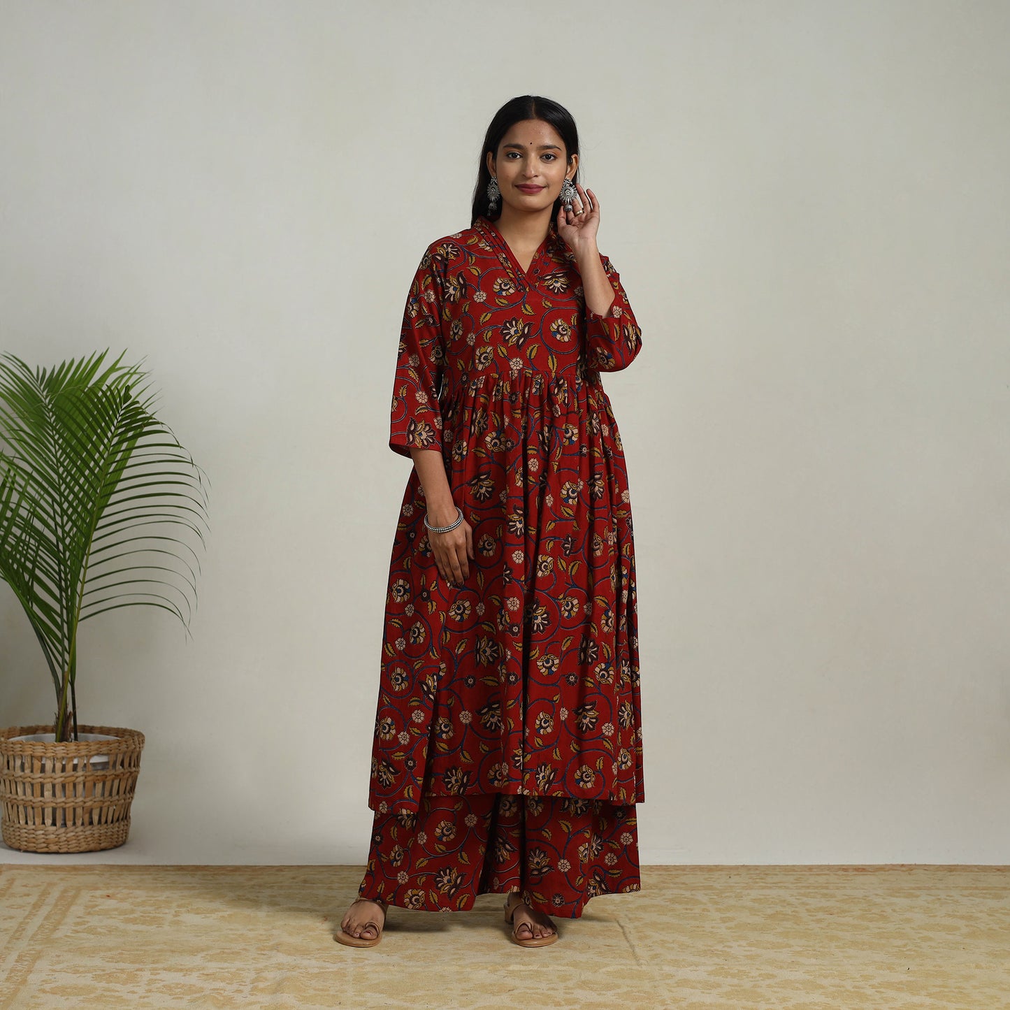 Red - Flared Cotton Block Print Kalamkari Kurta Set 09