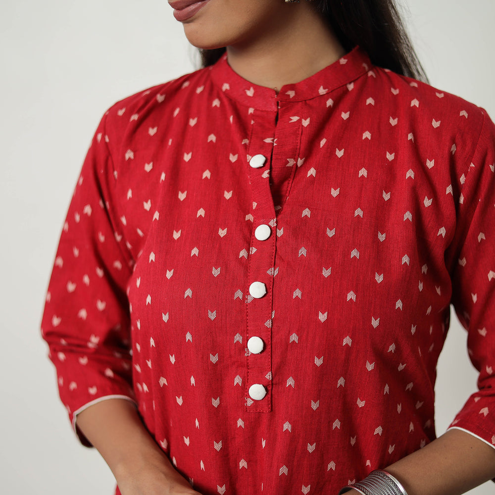 Red - Pure Cotton A-Line Jacquard Kurta 02