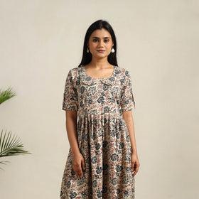 Beige - Pedana Block Print Cotton Flared Kalamkari Dress 10