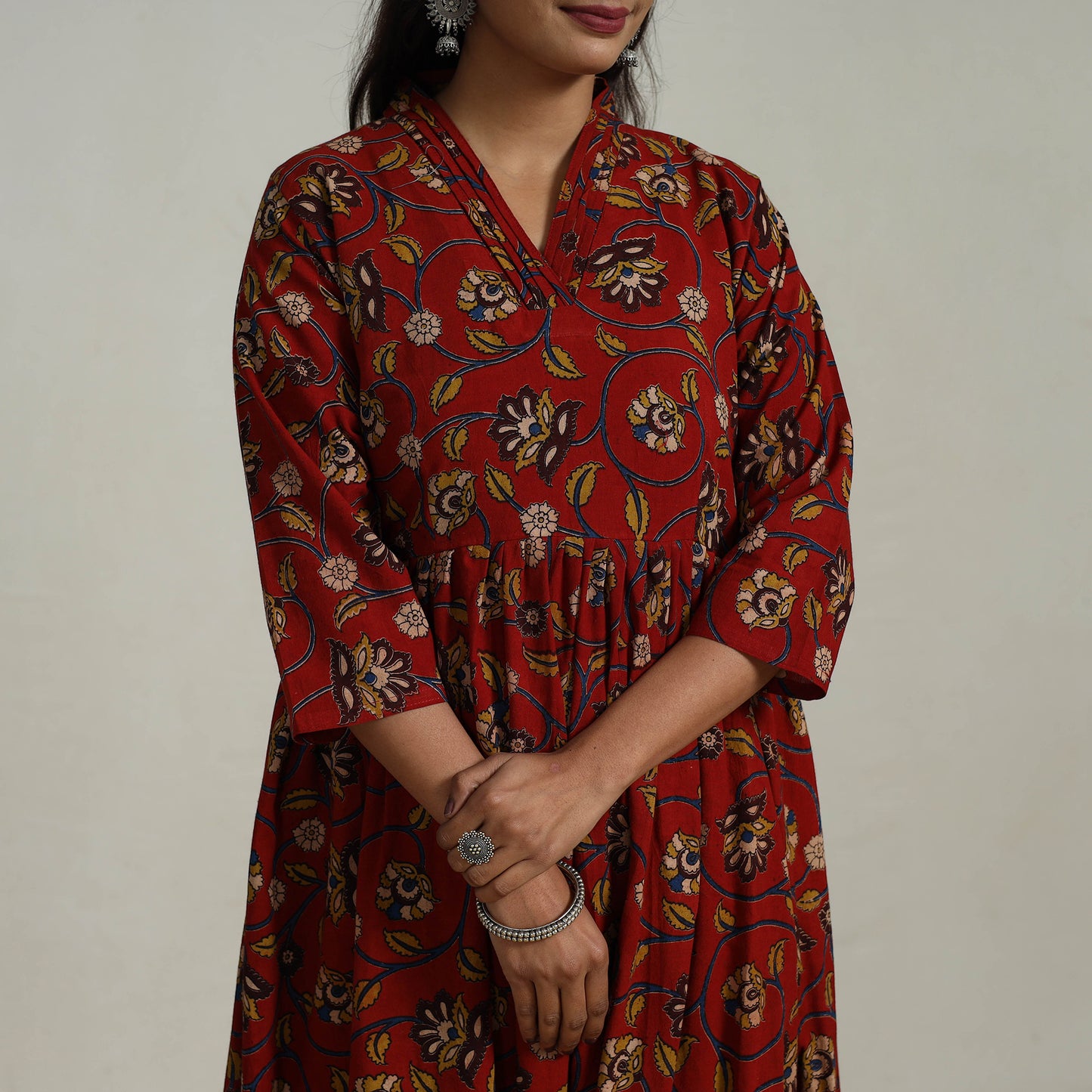 Red - Flared Cotton Block Print Kalamkari Kurta Set 09