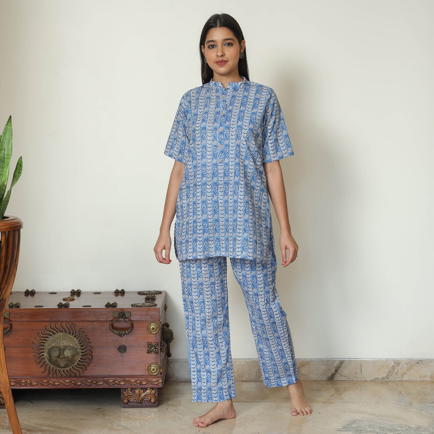 Blue - Sanganeri Block Printed Cotton Night Suit Set 08