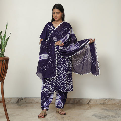 Blue - Bandhani Tie-Dye Cotton Kurta with Afghani Salwar & Dupatta Set 03