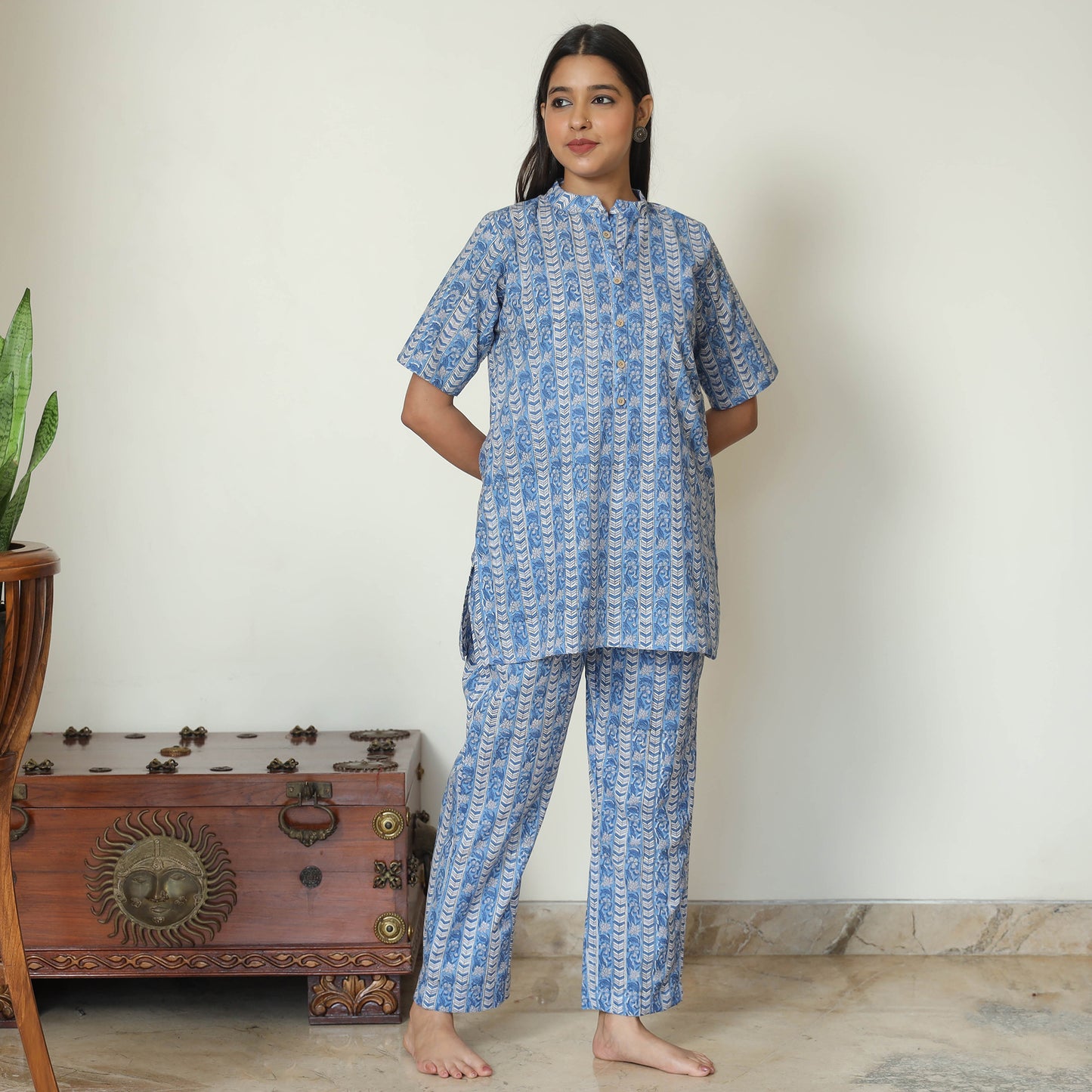 Blue - Sanganeri Block Printed Cotton Night Suit Set 08