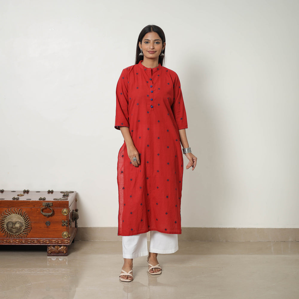 Red - Pure Cotton A-Line Jacquard Kurta 03