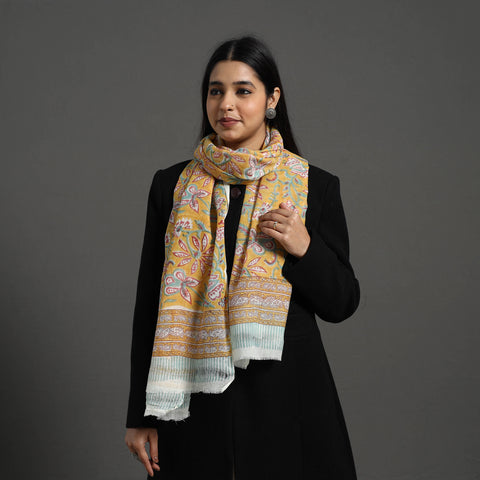 Yellow - pure wool sanganeri stole 10 - handcrafted