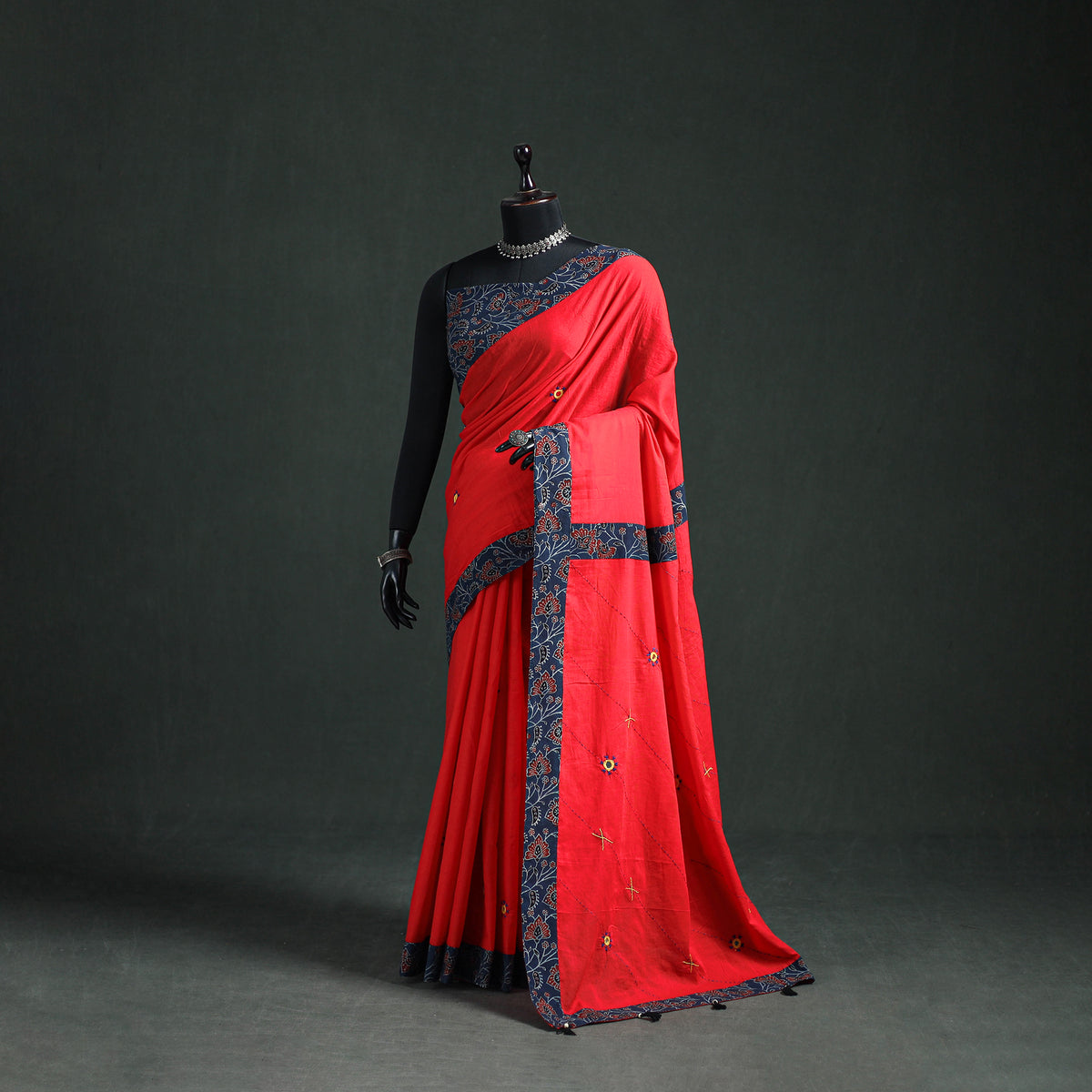 Tagai & Mirror Embroidered Ajrakh Patchwork Pure Mul Cotton Saree with Blouse Piece 13
