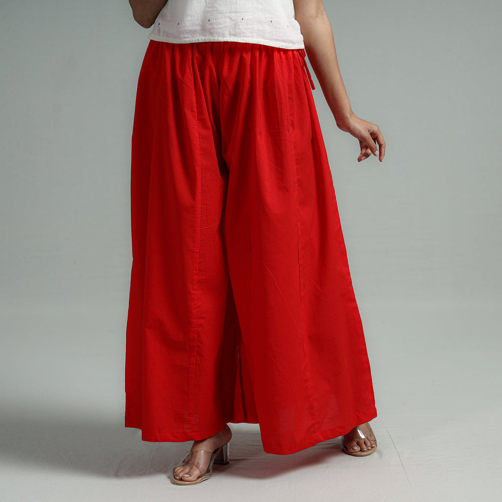 Red - Plain Dyed Cotton Flared Palazzo