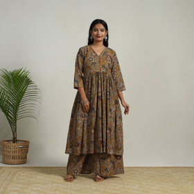 Buy Brown  Flared Cotton Block Print Kalamkari Kurta Set