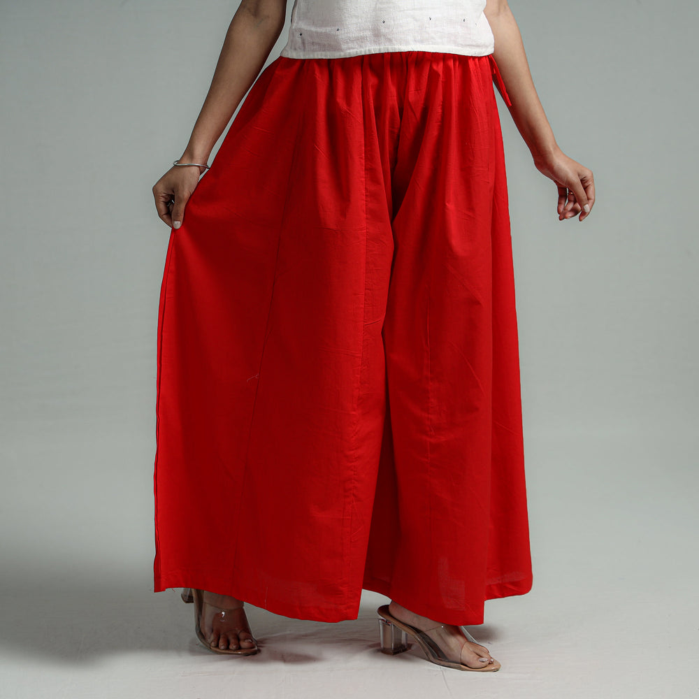 Red - Plain Dyed Cotton Flared Palazzo