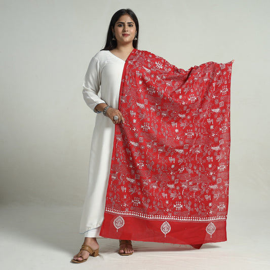 Red - Bengal Kantha Hand Embroidery Cotton Dupatta with Tassels 131