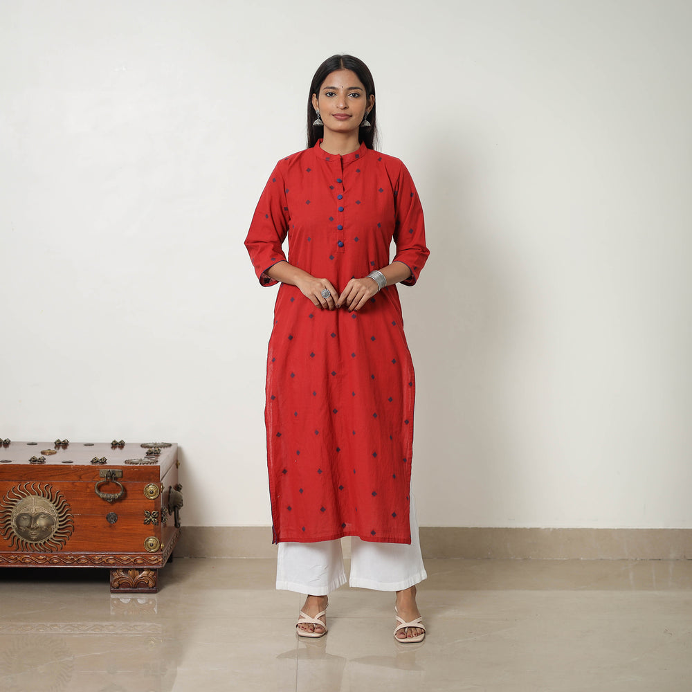 Red - Pure Cotton A-Line Jacquard Kurta 03