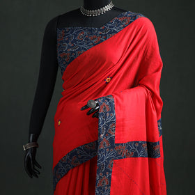 Tagai & Mirror Embroidered Ajrakh Patchwork Pure Mul Cotton Saree with Blouse Piece 13