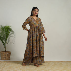 Buy Brown  Flared Cotton Block Print Kalamkari Kurta Set