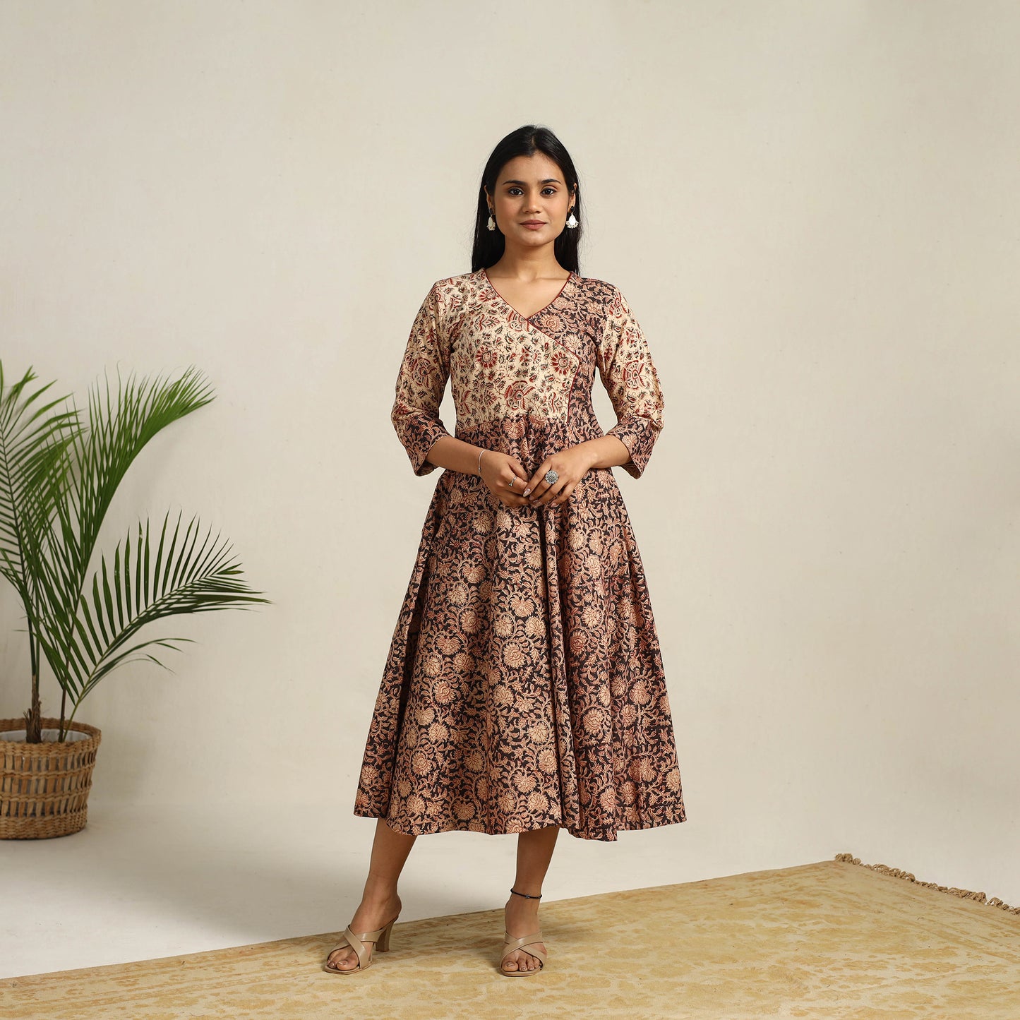 Pedana Block Print Cotton Flared Kalamkari Dress 01