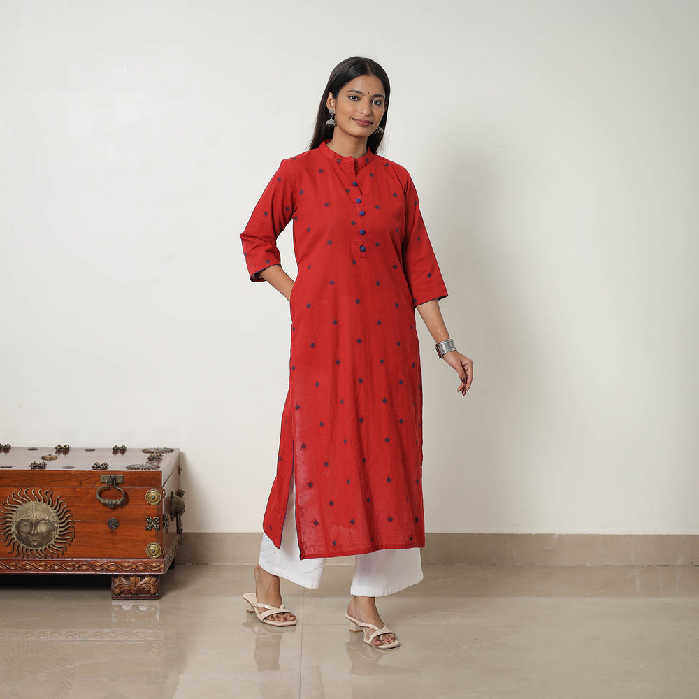 Red - Pure Cotton A-Line Jacquard Kurta 03