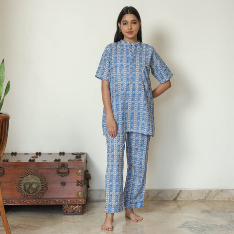Blue - Sanganeri Block Printed Cotton Night Suit Set 08