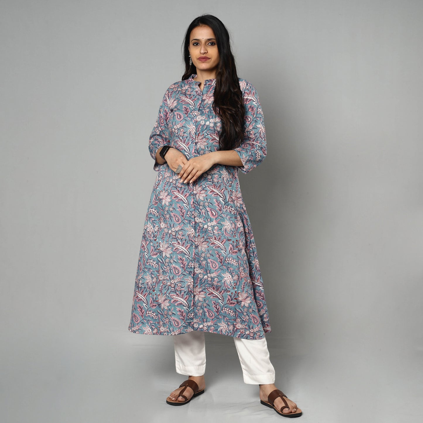 Blue - Sanganeri Block Printing Cotton Long Kurti