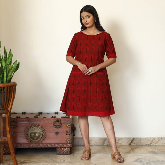 Red - Bagh Hand Block Printed Cotton Dress