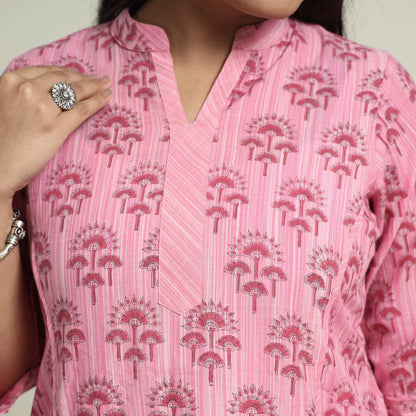 Pink - Daram Women Mangalagiri Cotton Hand Block Printed 3/4th Sleeves Kurti
