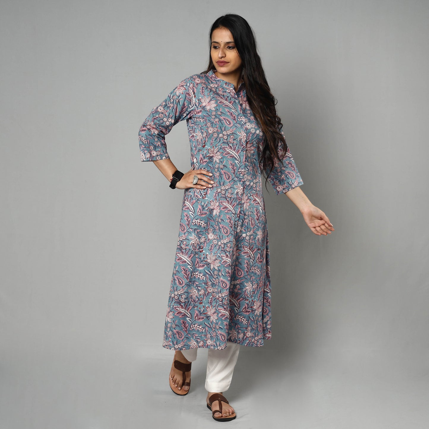 Blue - Sanganeri Block Printing Cotton Long Kurti