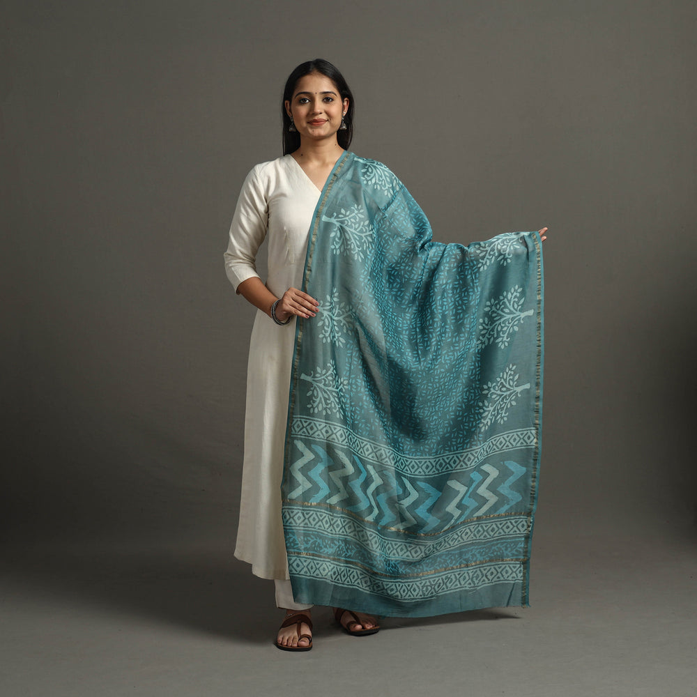 Green - Block Printed Chanderi Silk Bagru Dupatta 08