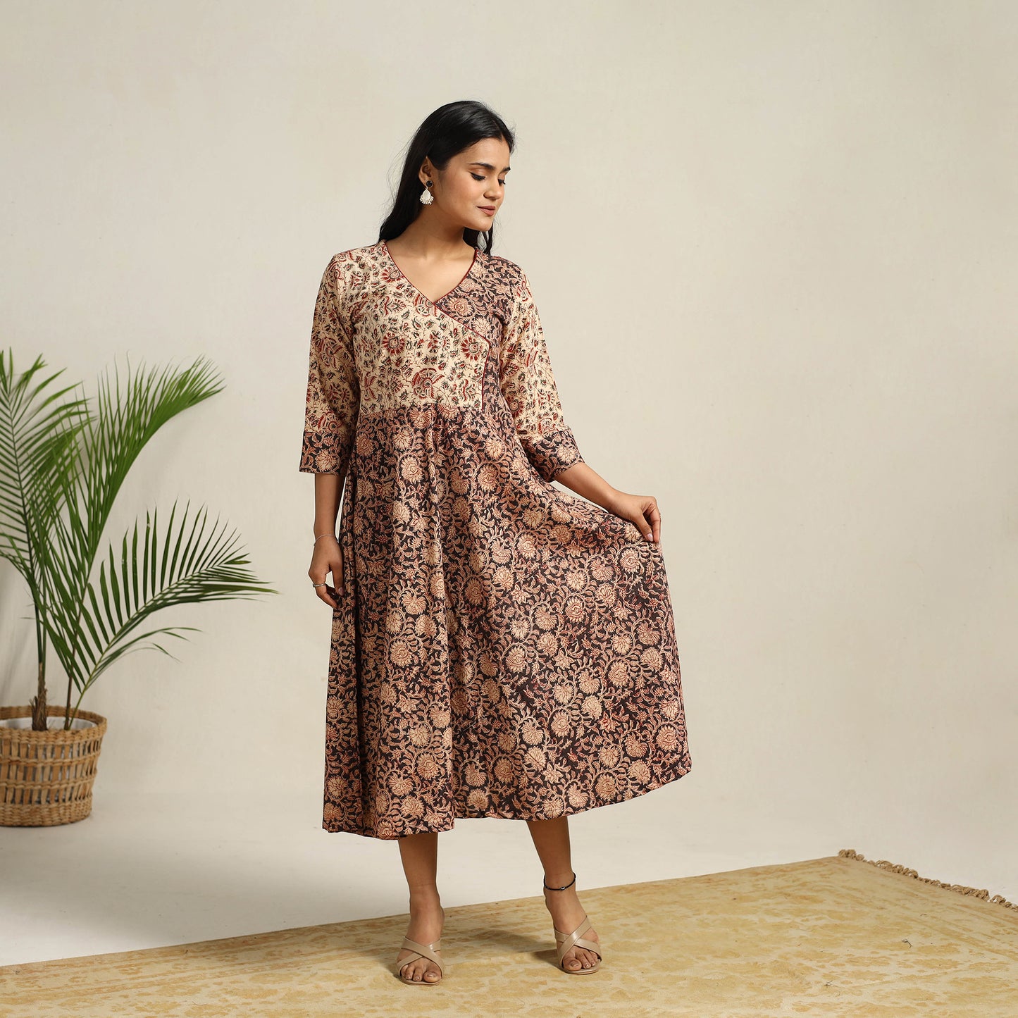 Pedana Block Print Cotton Flared Kalamkari Dress 01