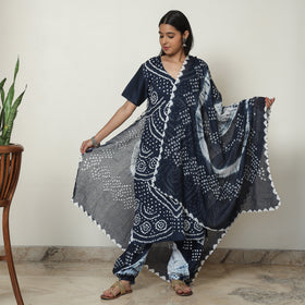 Blue - Bandhani Tie-Dye Cotton Kurta with Afghani Salwar & Dupatta Set 04