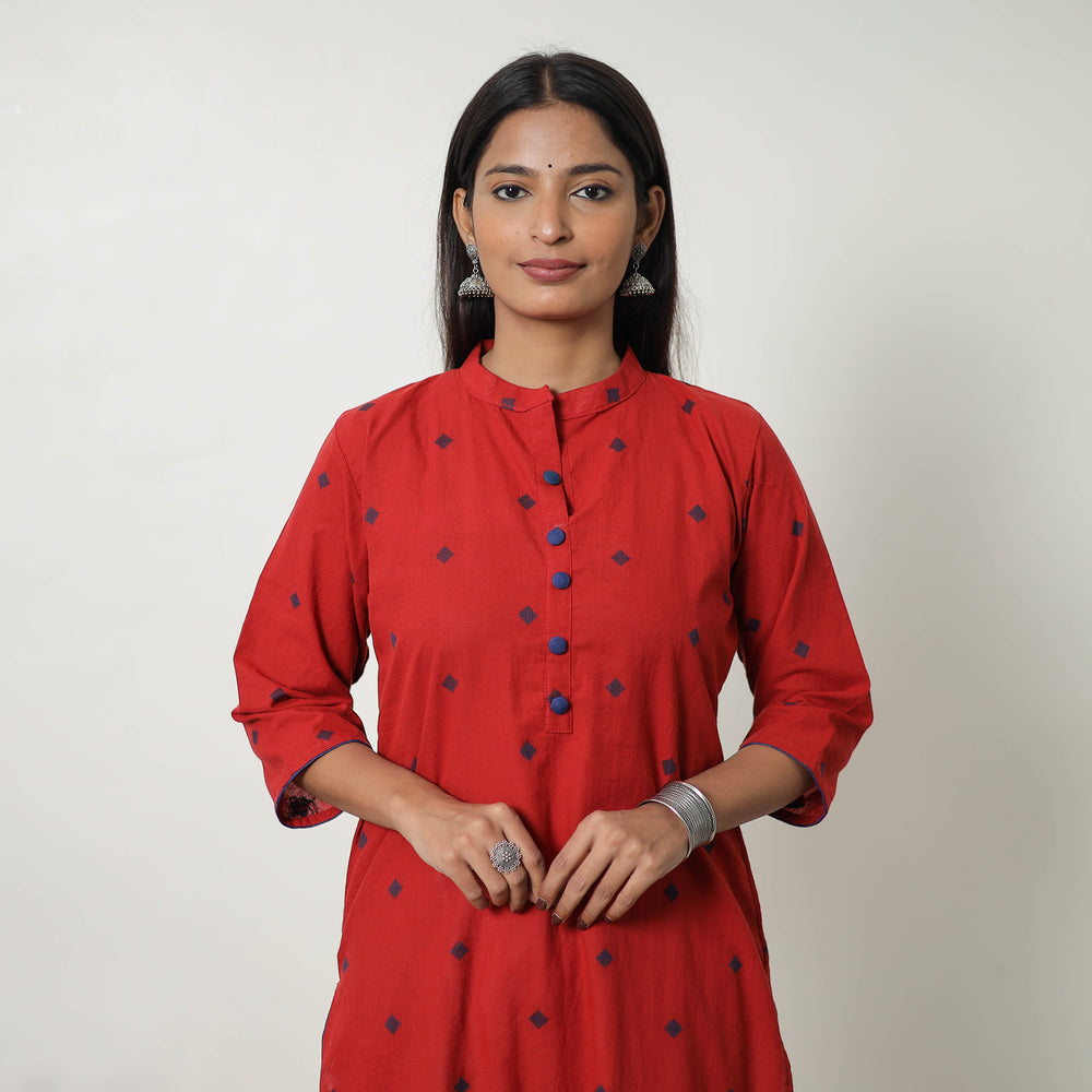 Red - Pure Cotton A-Line Jacquard Kurta 03