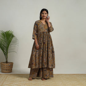 Buy Brown  Flared Cotton Block Print Kalamkari Kurta Set