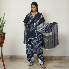 Blue - Bandhani Tie-Dye Cotton Kurta with Afghani Salwar & Dupatta Set 04