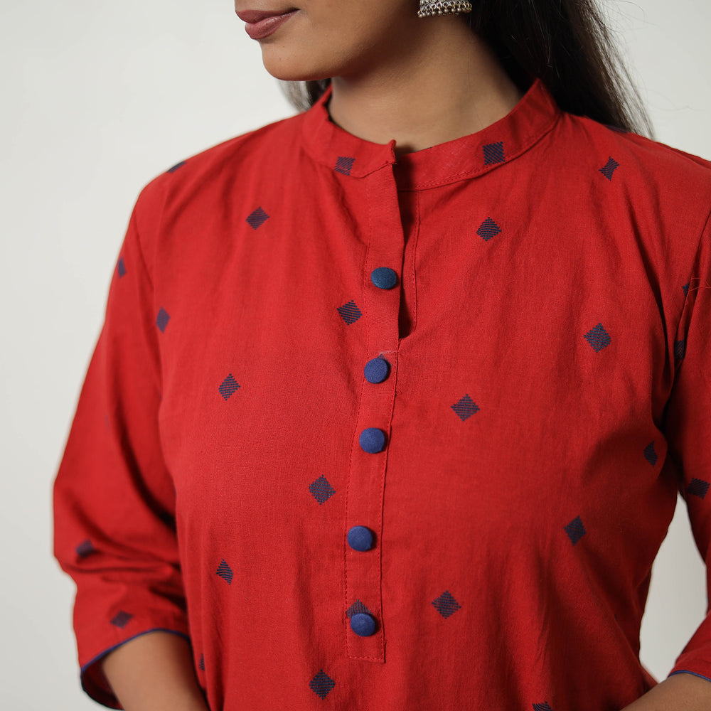 Red - Pure Cotton A-Line Jacquard Kurta 03