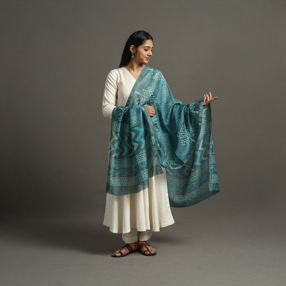 Green - Block Printed Chanderi Silk Bagru Dupatta 08